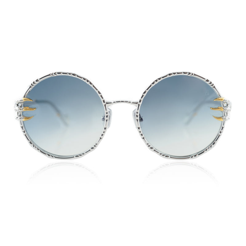 Anna-Karin Karlsson - The Claw & The Moon - White Gold / Gold / Gradient Blue Tinted Lenses - Round - Metal - Sunglasses - Luxury Eyewear