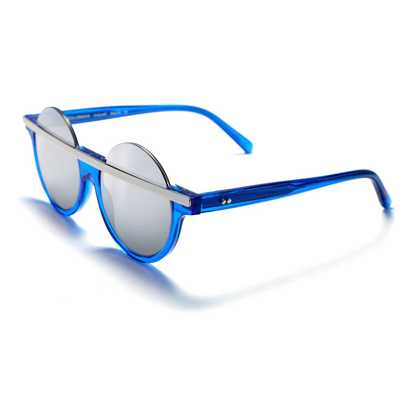 Catch London - Hollywell - Blue-31 - Shiny Blue / Shiny Silver / Silver-Mirror Grey-Tinted Lenses - Round Sunglasses - Made In England