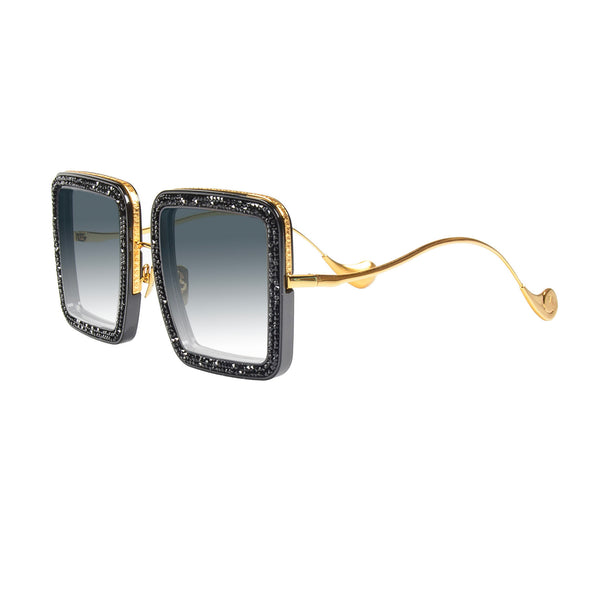 Anna-Karin Karlsson - Beaming Sky - Black Crystal / Gold / Gradient Grey Tinted Lenses - Rectangle - Metal - Sunglasses - Crystals - Luxury Eyewear