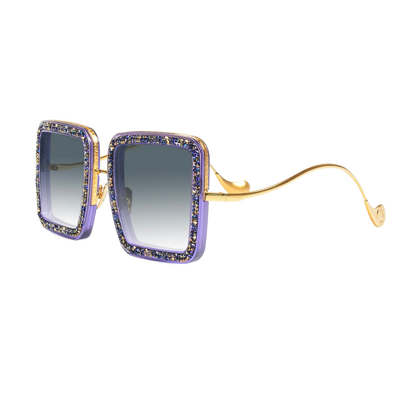 Anna-Karin Karlsson - Beaming Sky - Purple / Gold / Gradient Grey Tinted Lenses - Rectangle - Metal - Sunglasses - Crystals - Luxury Eyewear