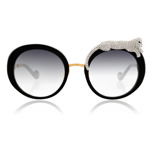 Anna-Karin Karlsson - Rose Et Le Roue - Black Ice Crystal / Gold / Gray Gradient Tinted Lenses - Crystal - Round - Plastic - Sunglasses - Luxury Eyewear 