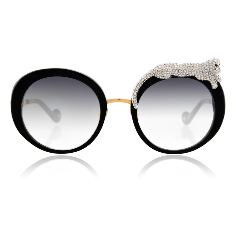 Anna-Karin Karlsson - Rose Et Le Roue - Black Ice Crystal / Gold / Gray Gradient Tinted Lenses - Crystal - Round - Plastic - Sunglasses - Luxury Eyewear 