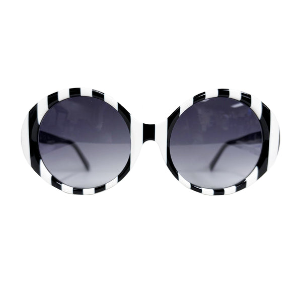 Catch London - Delia - Black & White Stripe / Black - Gradient Grey Lenses - Oval Round - Plastic - Acetate - Sunglasses - Beetlejuice Beetlejuice