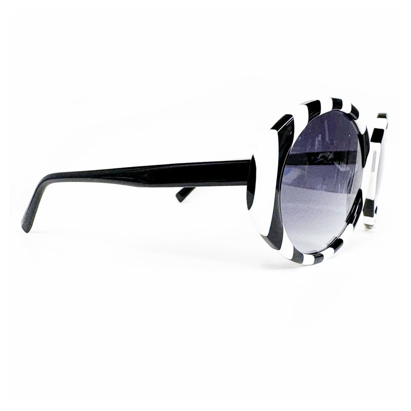 Catch London - Delia - Black & White Stripe / Black - Gradient Grey Lenses - Oval Round - Plastic - Acetate - Sunglasses - Beetlejuice Beetlejuice