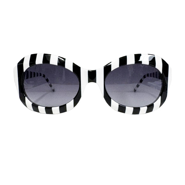 Catch London - Lydia - Black & White Stripe - Gradient Grey Lenses - Oval Round - Plastic - Acetate - Sunglasses - Beetlejuice Beetlejuice