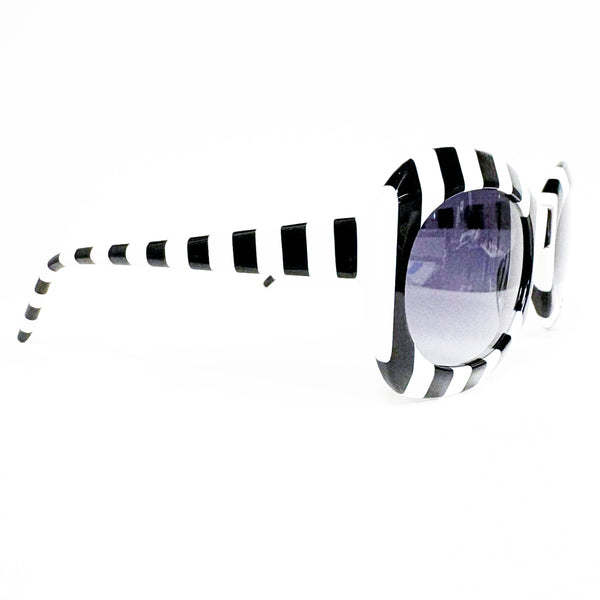 Catch London - Lydia - Black & White Stripe - Gradient Grey Lenses - Oval Round - Plastic - Acetate - Sunglasses - Beetlejuice Beetlejuice