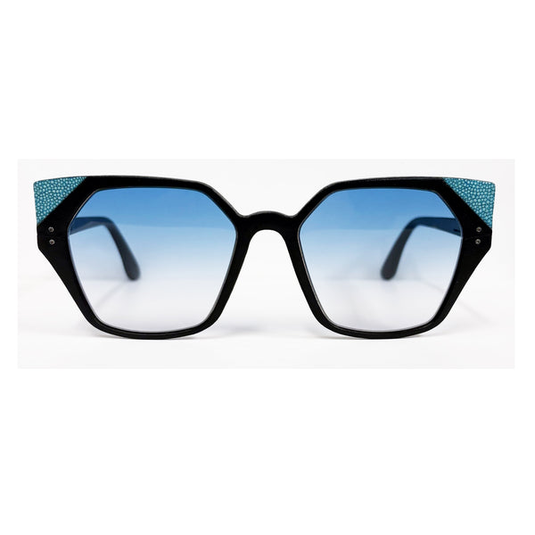 Lucas de Staël - Minotaure - Reg 12S - Fit B - Black Leather Croco Embossed / Turquoise Stingray Leather - Blue Gradient Tint - Rectangle - Leather - Sunglasses - Luxury Eyewear