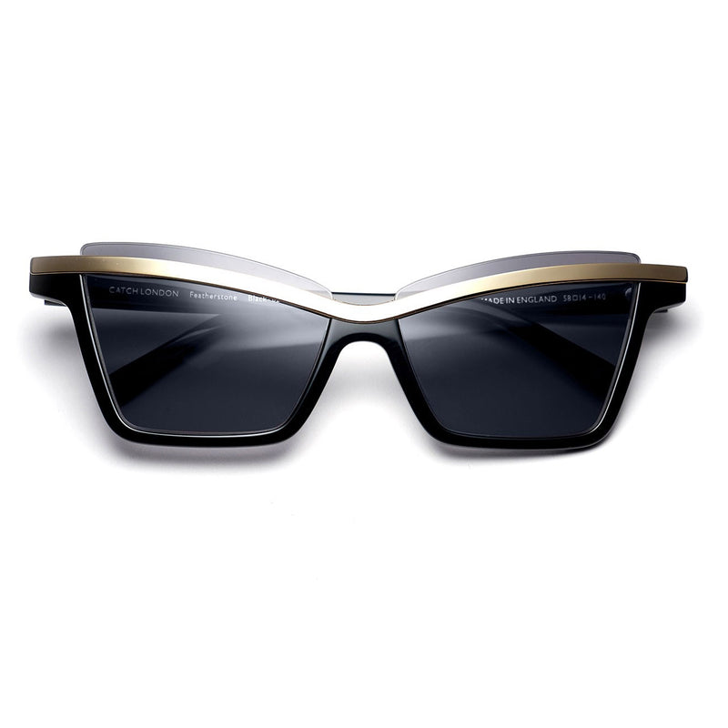Catch London - Featherstone - Black-02 - Shiny Black / Shiny Gold / Grey-Tinted Lenses - Cateye Sunglasses - Made In England