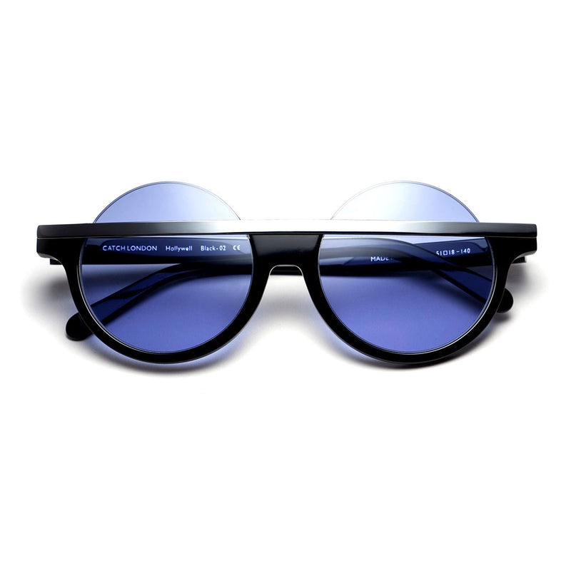 Catch London - Hollywell - Black-02 - Shiny Black / Shiny Silver / Blue-Tinted Lenses - Round Sunglasses - Made In England