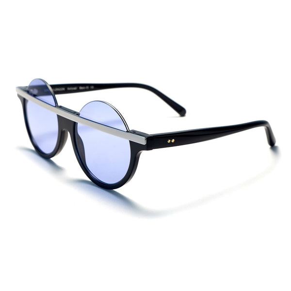 Catch London - Hollywell - Black-02 - Shiny Black / Shiny Silver / Blue-Tinted Lenses - Round Sunglasses - Made In England