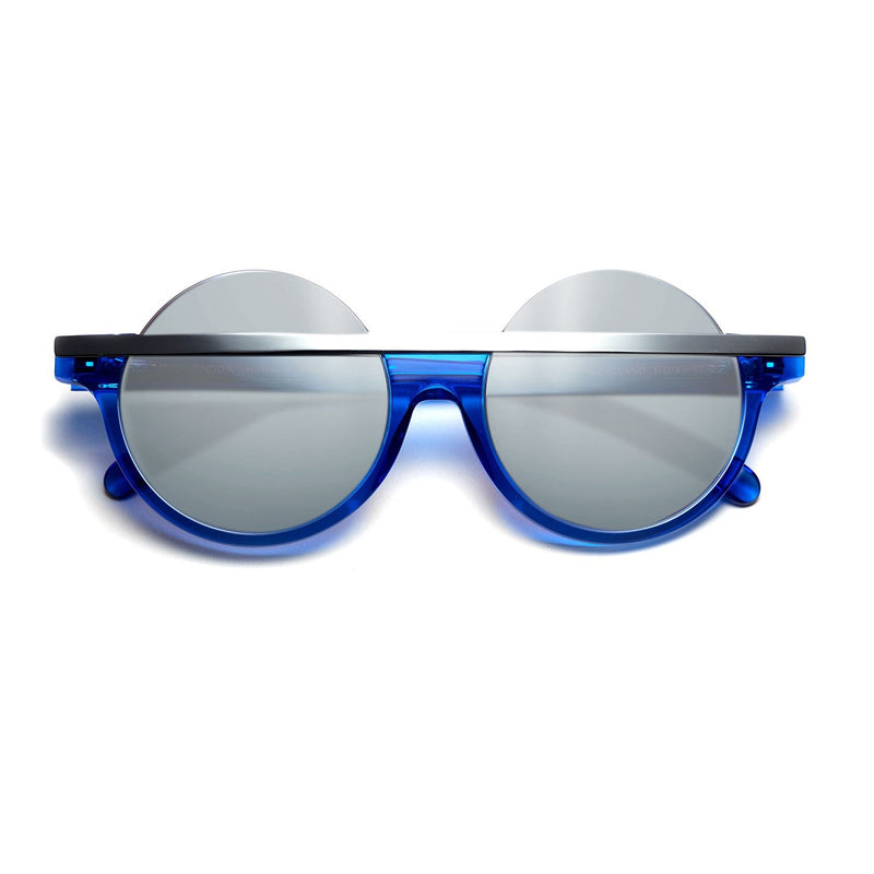 Catch London - Hollywell - Blue-31 - Shiny Blue / Shiny Silver / Silver-Mirror Grey-Tinted Lenses - Round Sunglasses - Made In England