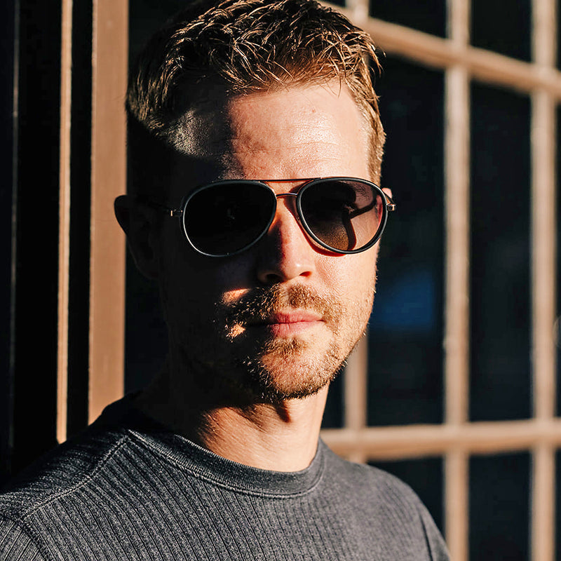 Hicks Brunson - Roger - Matte Black / Gold / Gradient-Grey Polarized Lenses - Aviator Sunglasses - Polarized Sunglasses